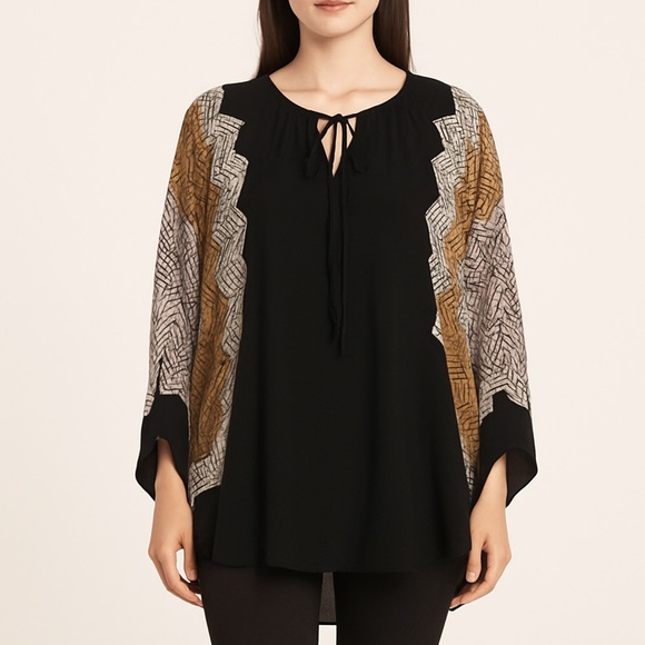 BCBGMaxAzria 100% Silk Black Boho Geometric Print Oversized Cape Blouse One Size - Picture 1 of 9